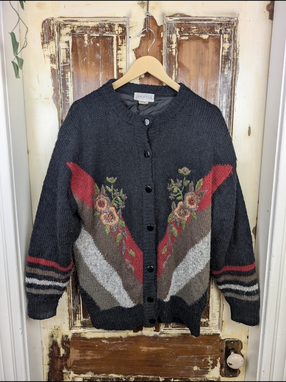Vintage Bhatia Floral Embroidered Wool Blend Lined Knit Jacket XL/1X Grandmacore